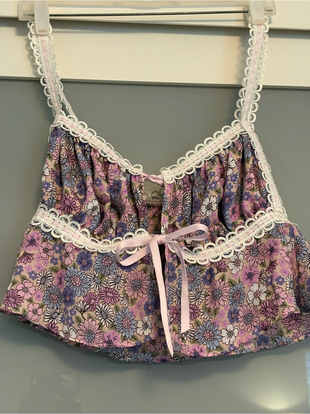For Love & Lemons Pink Floral Lace-Trim Crop Top and panty.